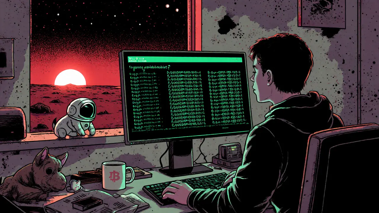 A miner at night watching a blockchain on screen, a dog in a spacesuit plush beside a coffee mug, Mars sunset outside.