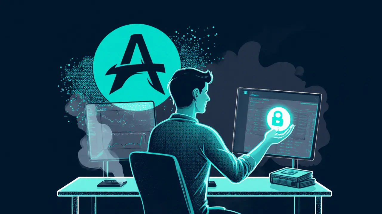 A modern trader uses safe automation tools as a ghostly Arbidex logo fades into smoke behind them.