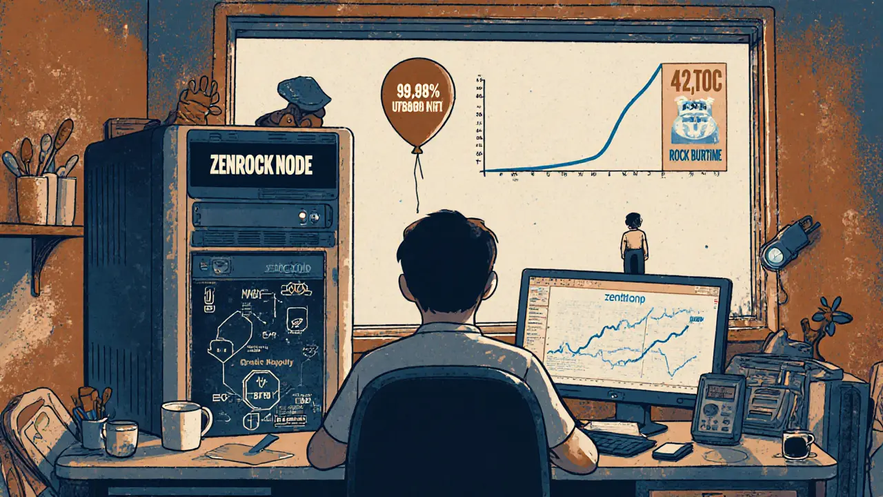 A node operator at a desk with server and monitor showing uptime, while a user bridges Bitcoin nearby.