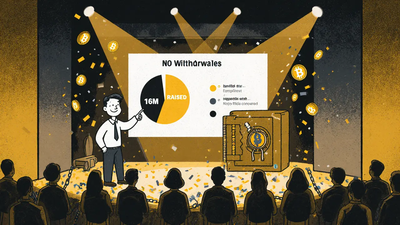 A presenter celebrates a M token sale while users are chained to a vault labeled &#039;No Withdrawals&#039;.