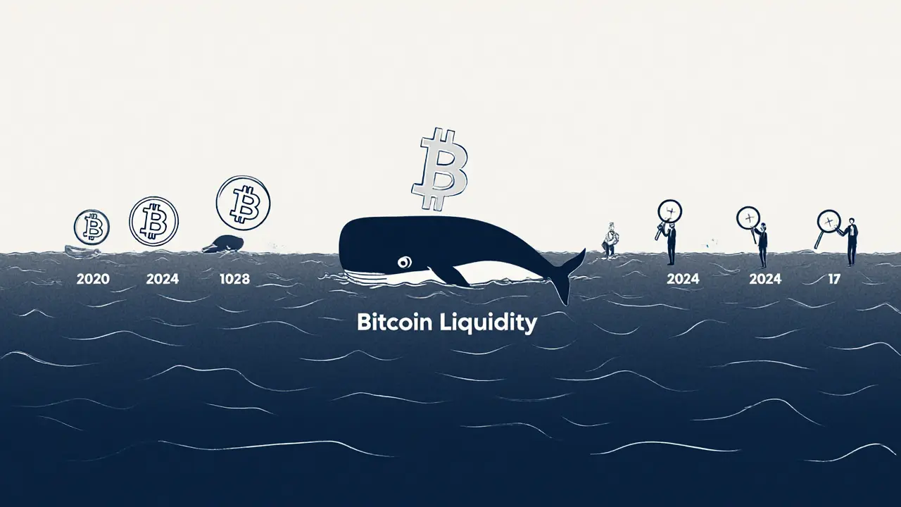 A shrinking whale in 2024 stirs a vast Bitcoin ocean as traders observe its path over time.
