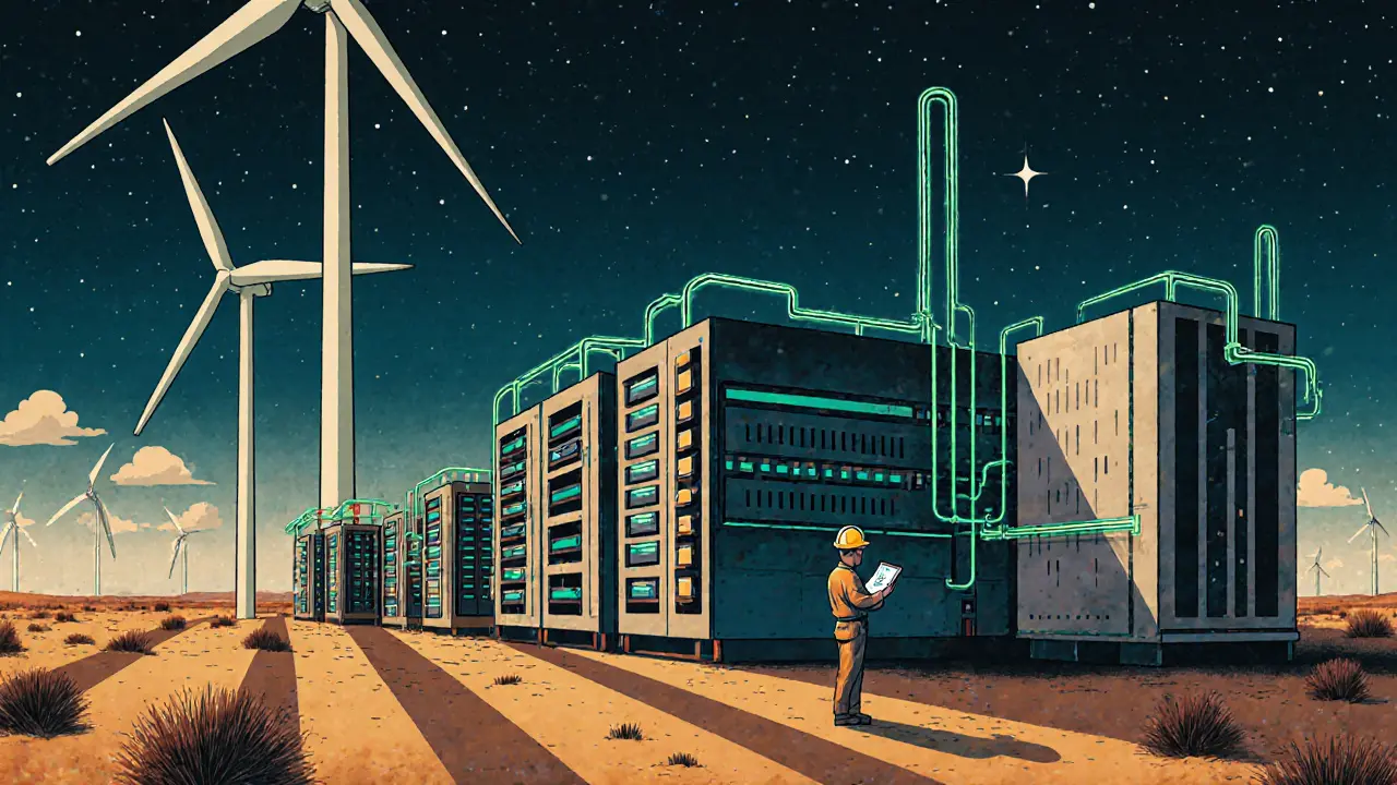 A Texas mining farm at night powered by wind turbines and flare gas, with ASIC rigs glowing under starlight in risograph illustration style.