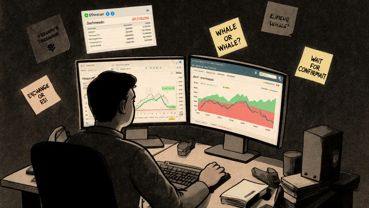 A trader watches crypto charts and Whale Alert notifications at a desk covered in sticky notes.