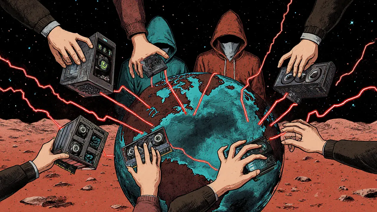 Anonymous hands connected by glowing lines forming a decentralized network over a Mars landscape, risograph style.