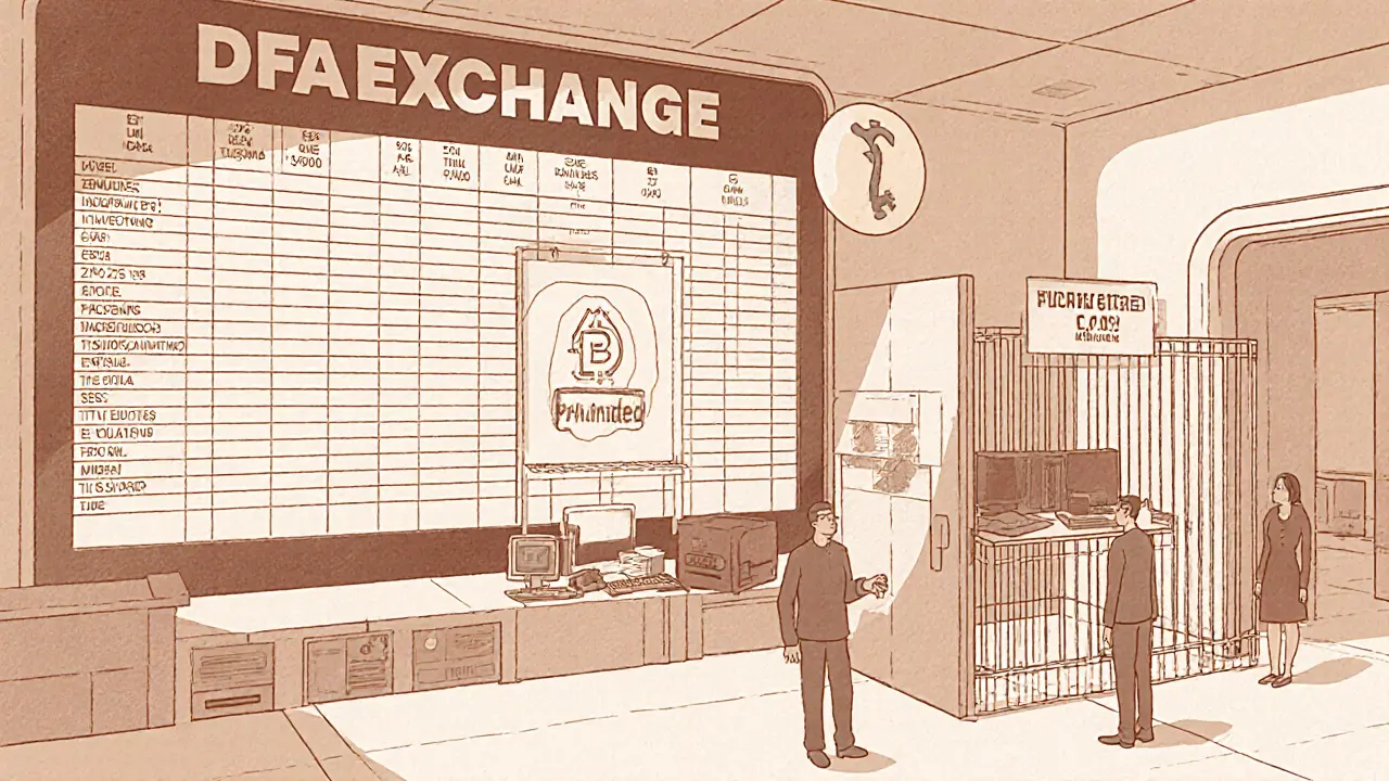 DFA Exchange control room with approved assets on display, banned coins being rejected, tax icon floating above