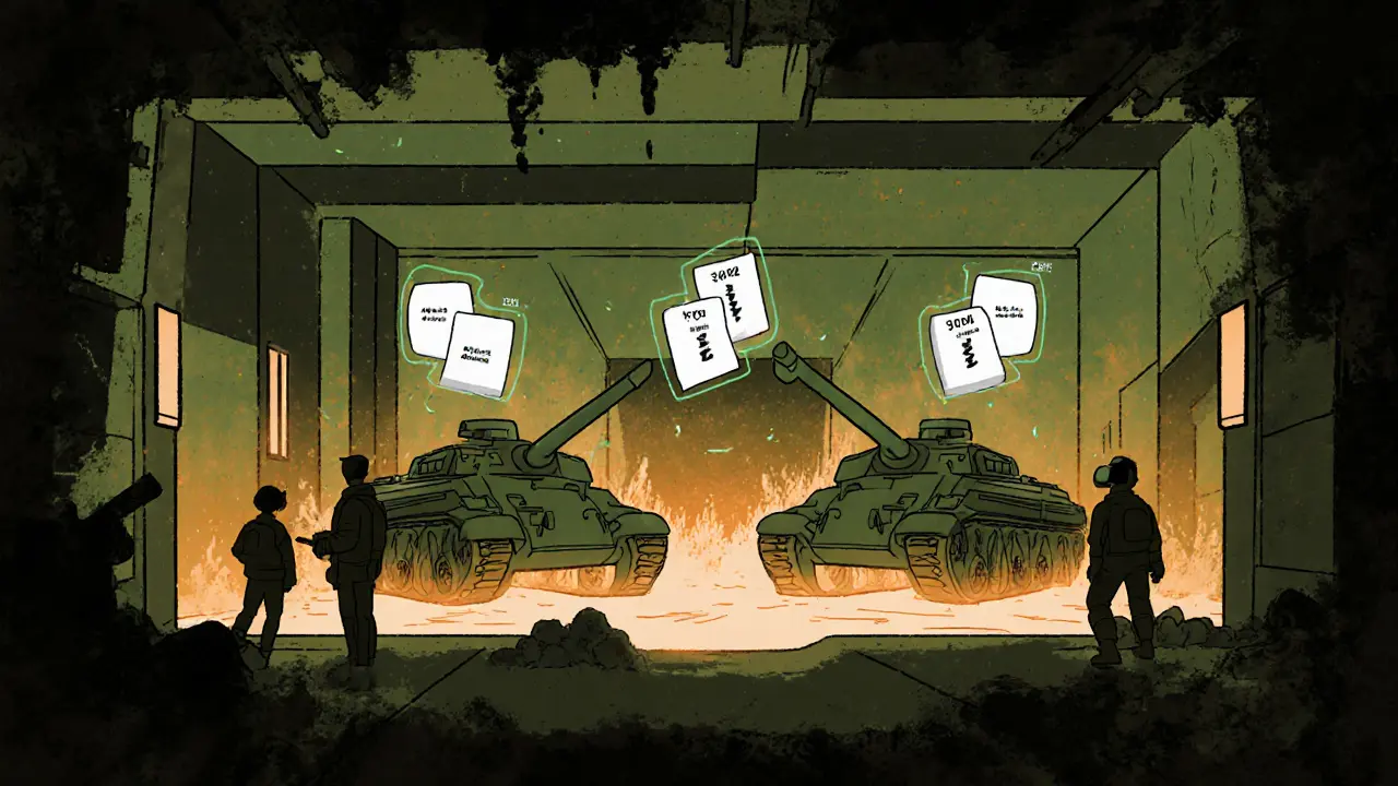 Players voting in a bunker DAO chamber as their ballots turn into floating tank NFTs with stats.