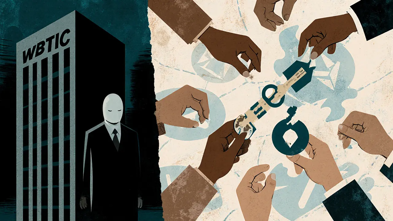 Split scene: centralized WBTC key vs decentralized ROCK key assembled by many hands.