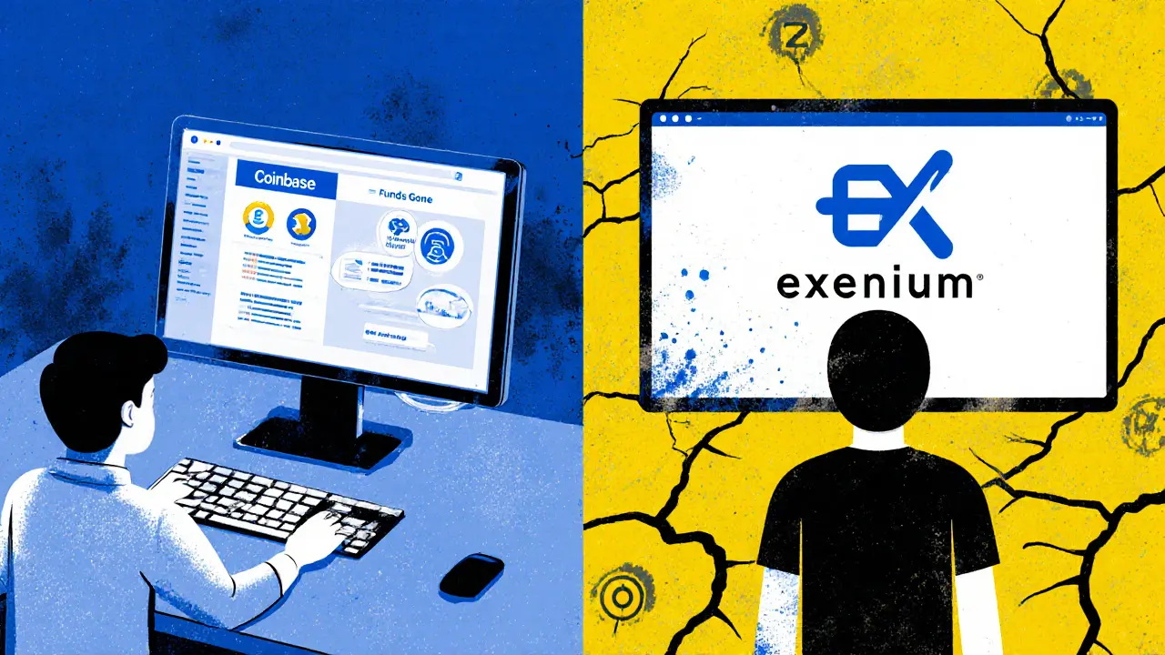 Split scene: safe trading on Coinbase vs. a victim facing a blank screen after depositing to Exenium.