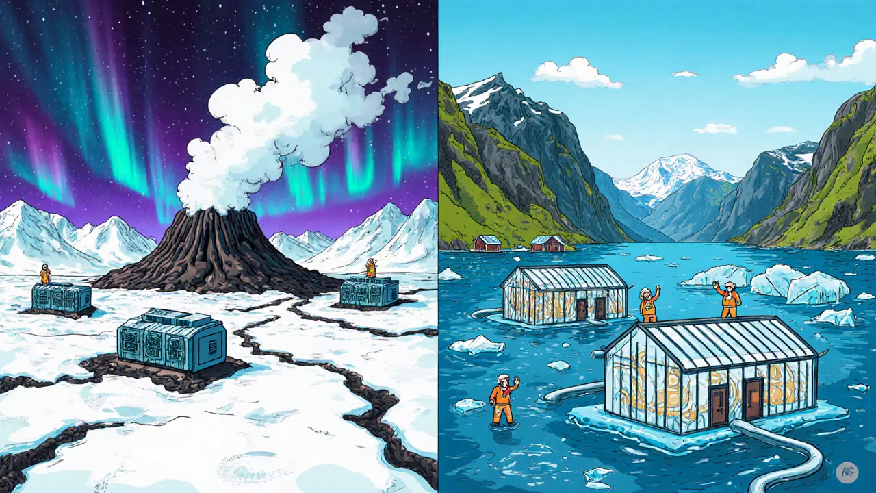 Sustainable Bitcoin mining in Iceland and Norway, featuring geothermal vents and fjord-cooled servers amid nature, in risograph aesthetic.