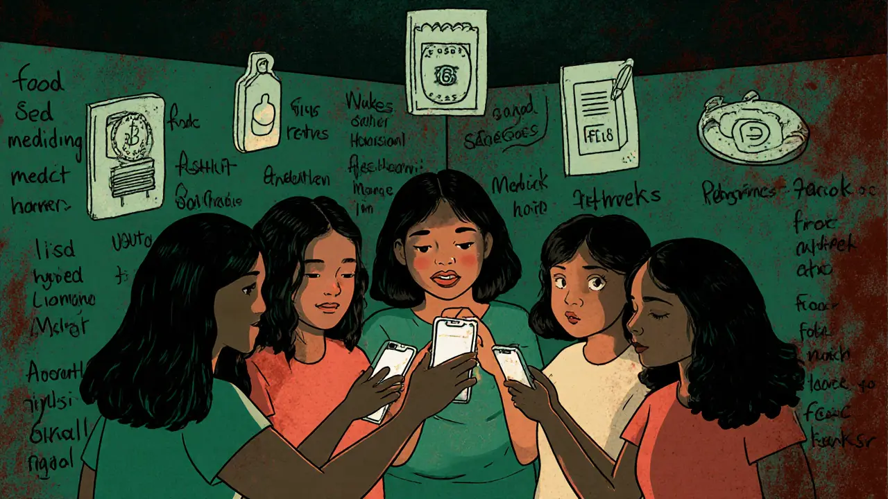 Women share a phone to receive USDT payments, symbolizing quiet financial resistance.