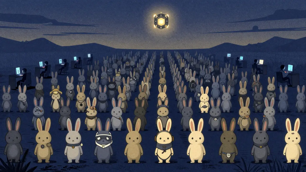 10,000 unique KAKA-rabbit NFTs standing in silent rows under a glowing blockchain node at twilight.