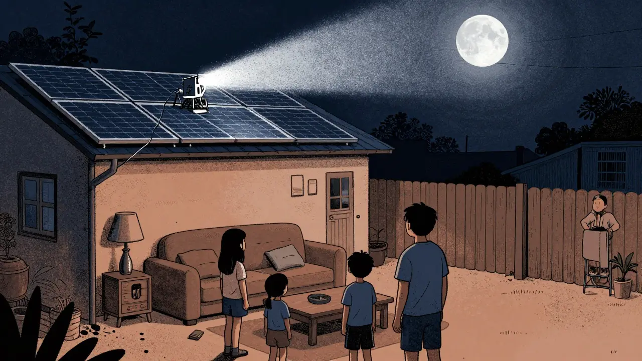 A family in a blackout home while a neighbor's solar-powered miner glows quietly on the roof, no grid connection.