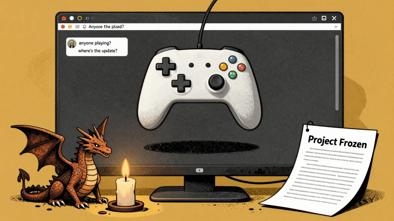 A ghostly game controller hovers over a frozen Discord window with unanswered messages and wilted dragon figurines.