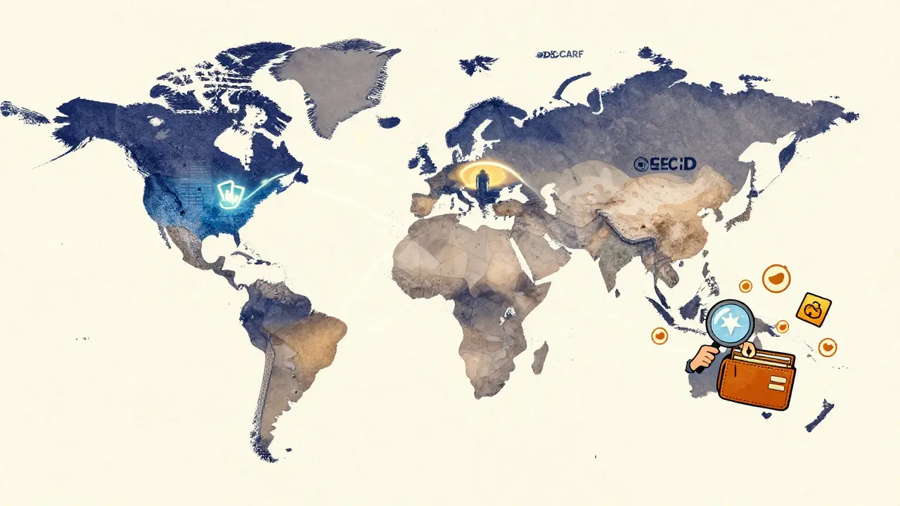 A global map shows tax data sharing between countries, with NFTs and DeFi gaps flickering in risograph illustration style.