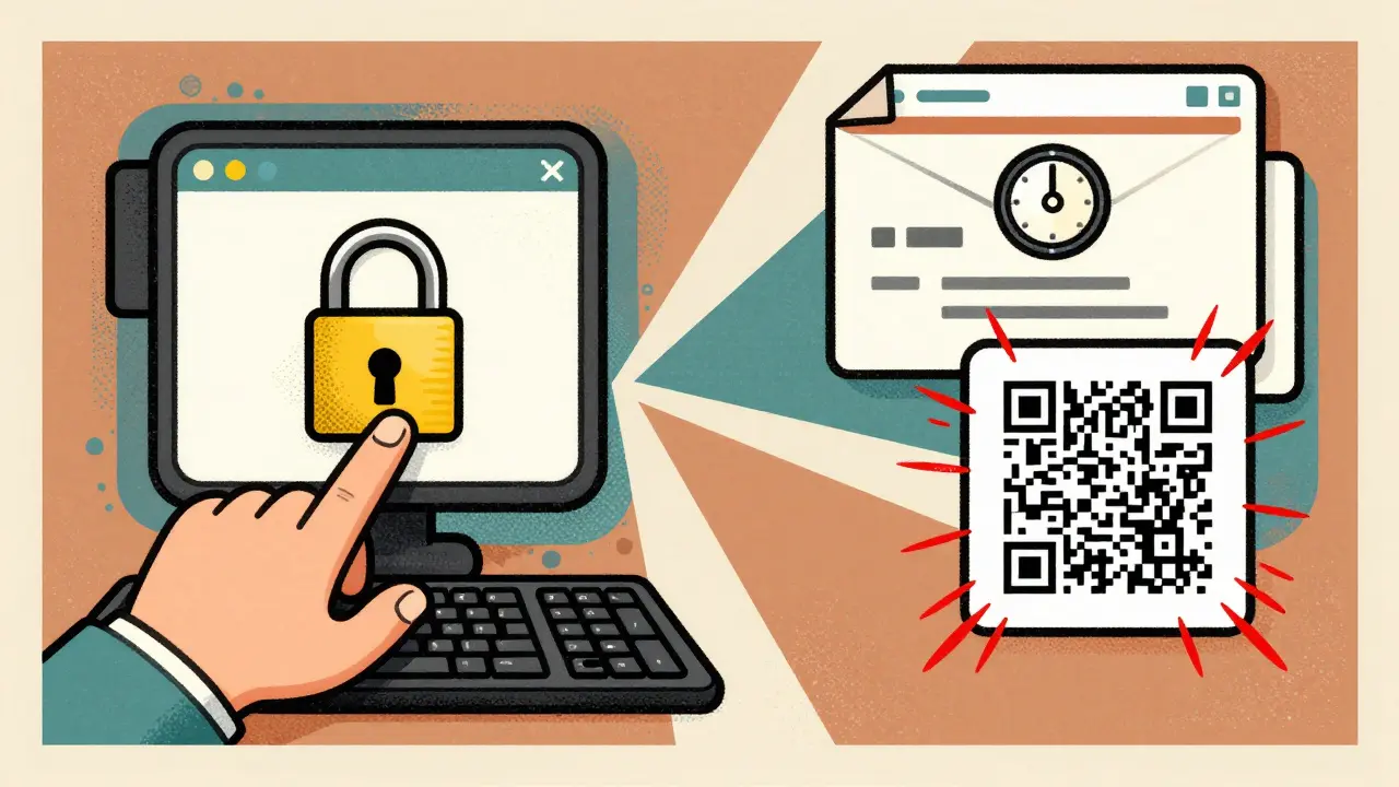 A hand hesitating between a secure wallet app and a phishing email with countdown timer and QR code, illustrated in vintage poster style.