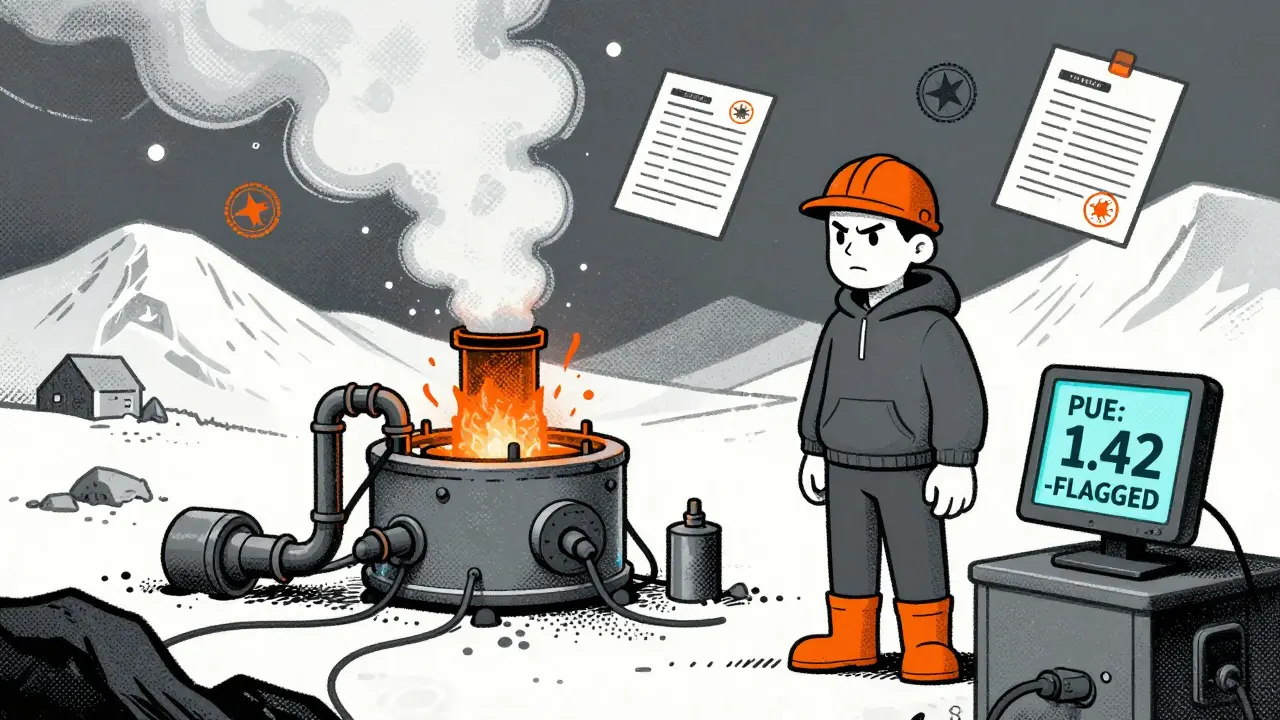 A miner checks a flagged PUE reading beside a geothermal-powered mining rig under frosty mountains.