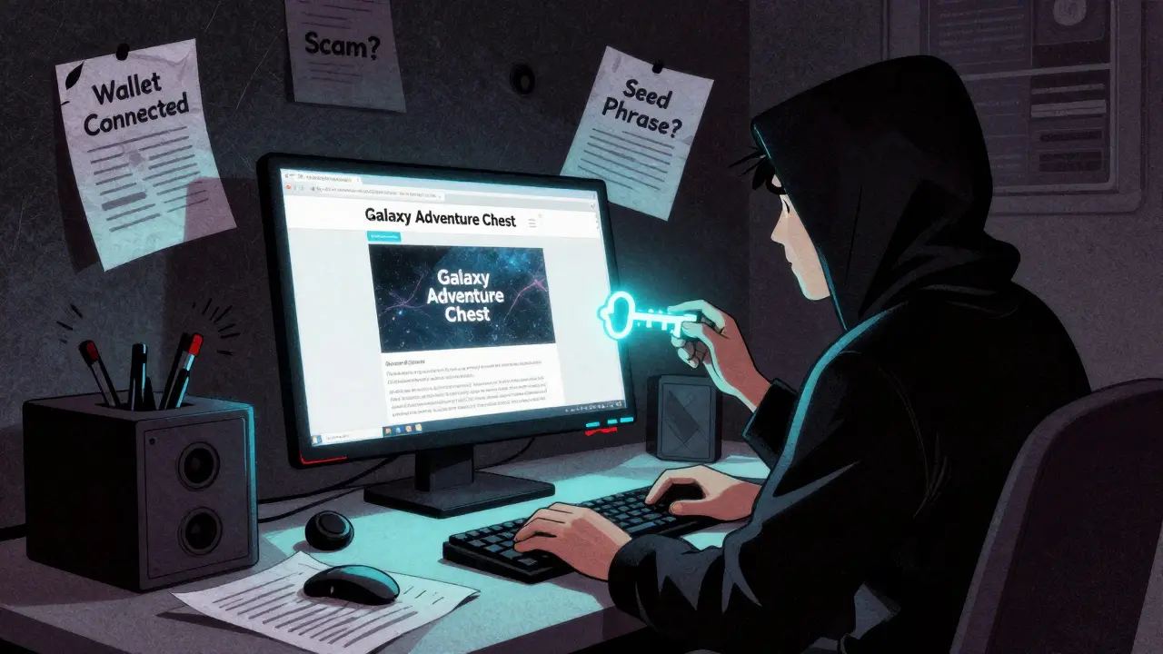 A person at a desk with a fake NFT website, shadowy figure offering a key, cluttered with scam warnings.