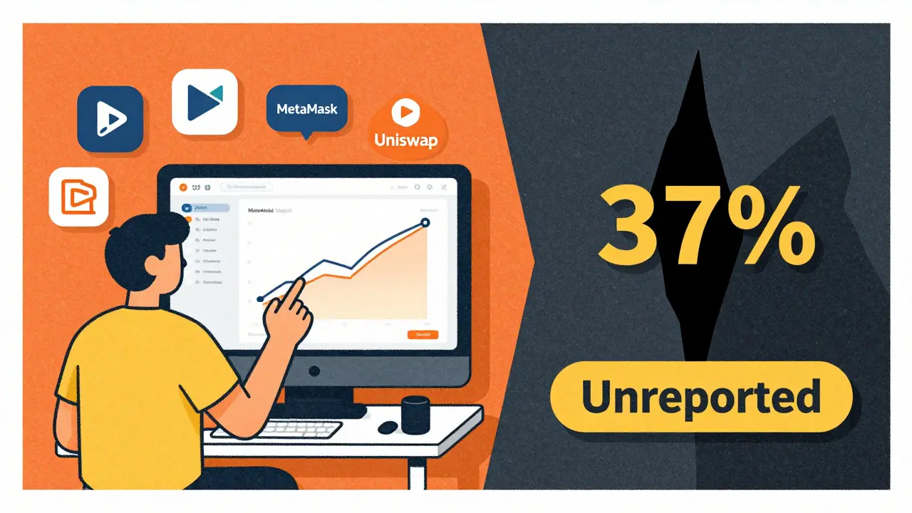 A user connects wallets to tax software while unreported DeFi trades vanish into a black hole, illustrated in risograph style.