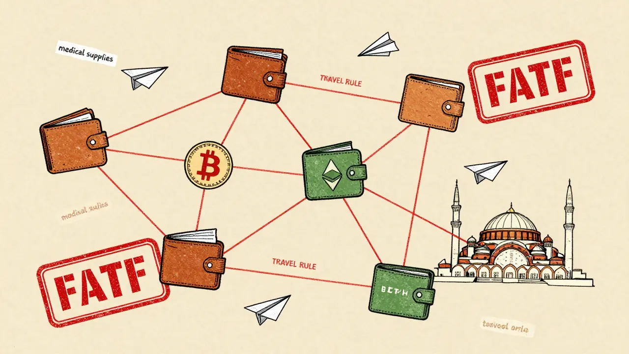 A web of crypto transactions dodges FATF restrictions, carrying essential goods across borders.