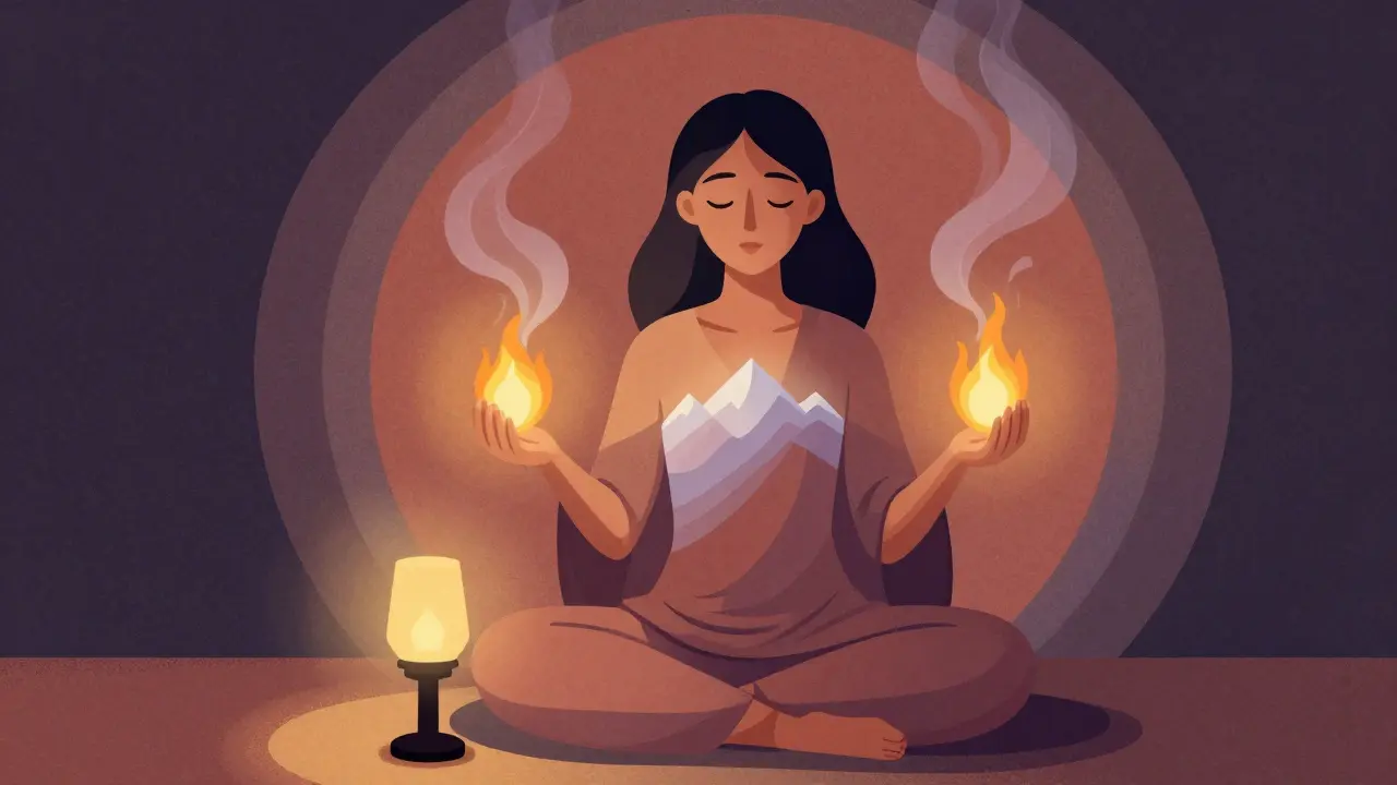 A woman sits in quiet reflection as spiritual layers of mountain, breast, and flame rise from her hands in warm tones.