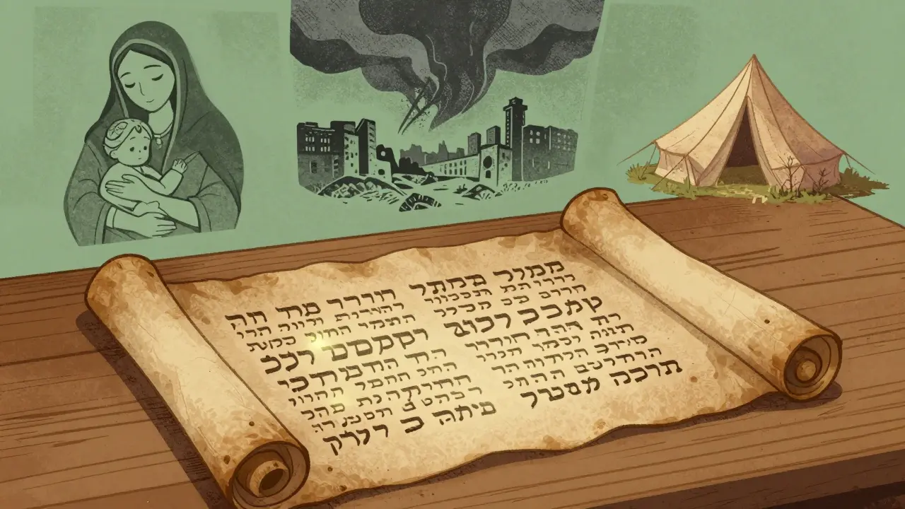 An ancient scroll glows with Hebrew text, surrounded by symbolic fragments of nurturing, judgment, and wilderness.