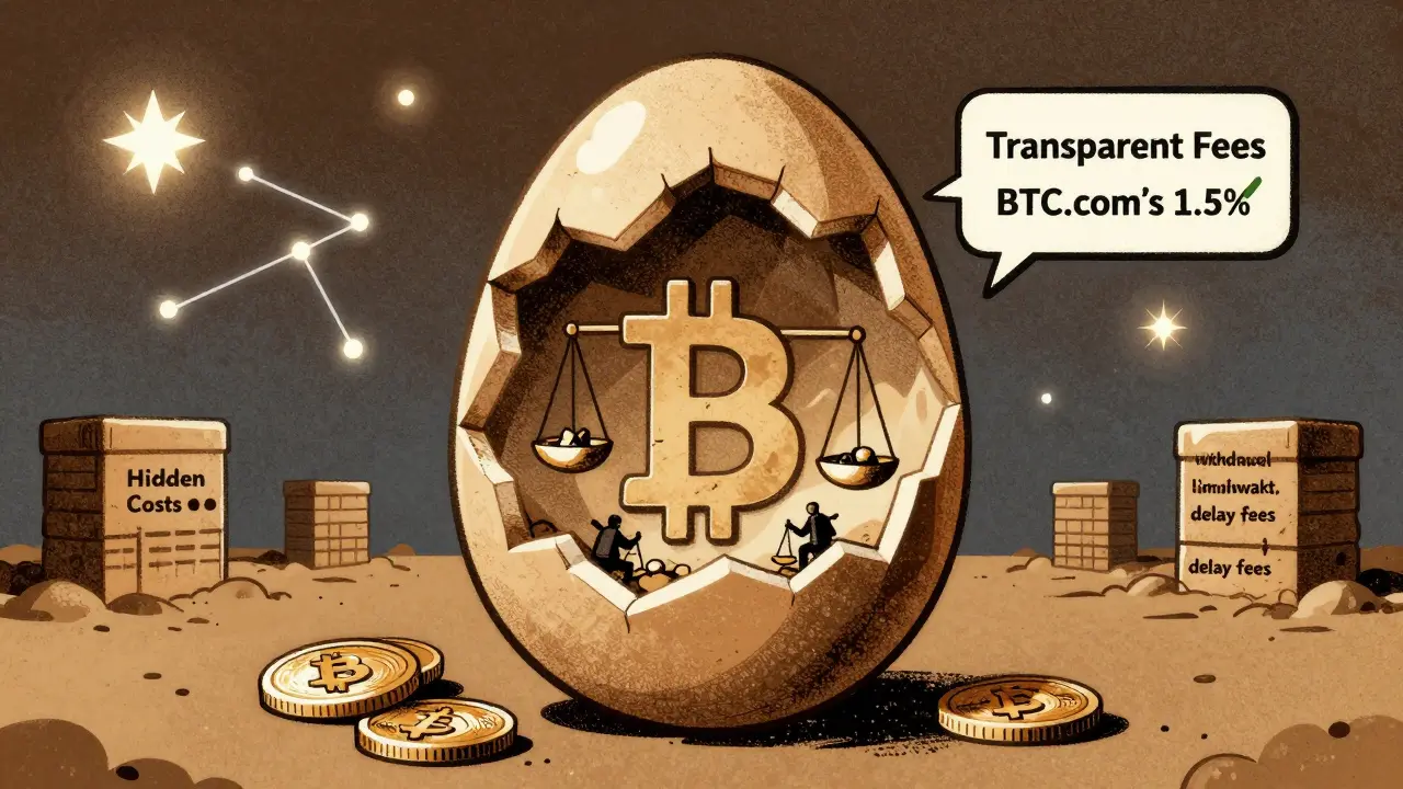 Bitcoin block cracked open showing hidden costs vs transparent fees, with Slush Pool as a twinkling star.