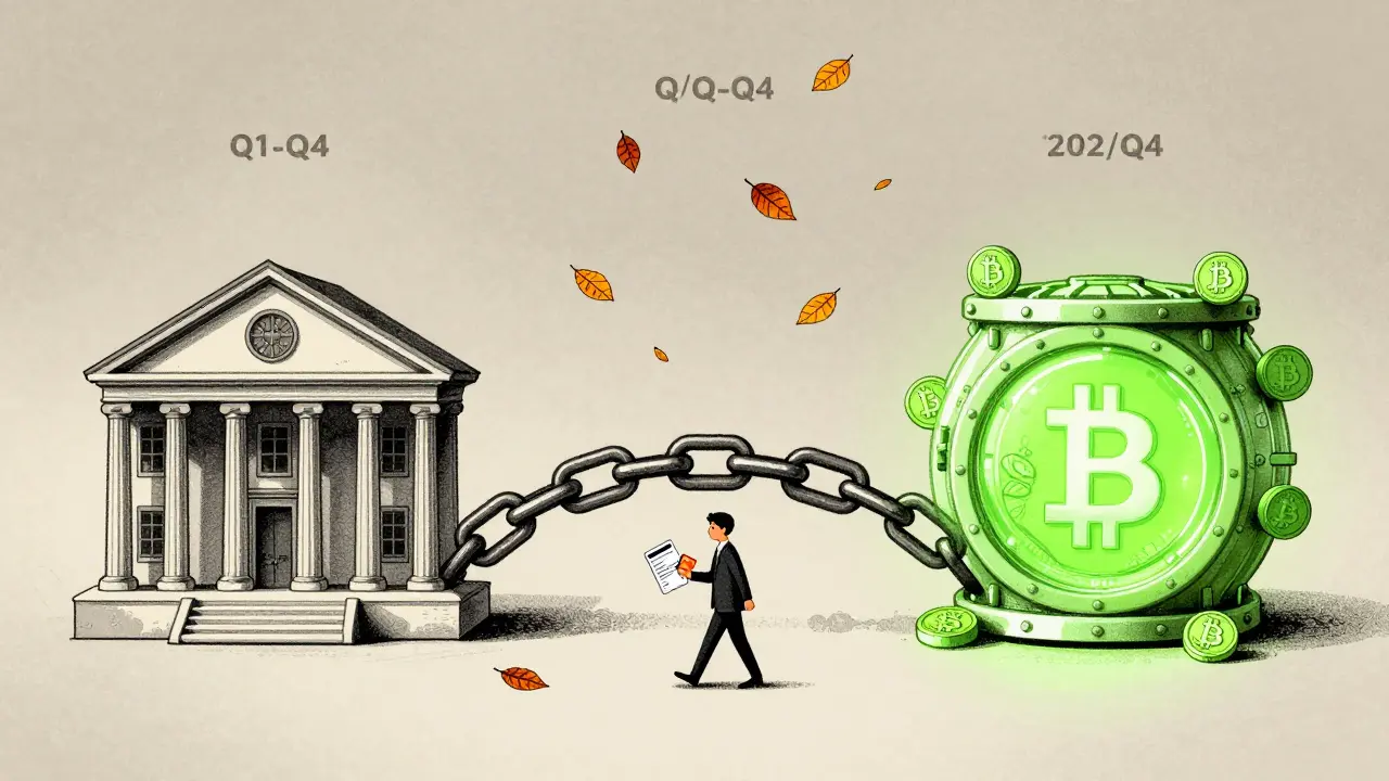 Bridge of blockchain links connecting bank to crypto vault, LMY tokens as pillars, debit card and tax form in hand