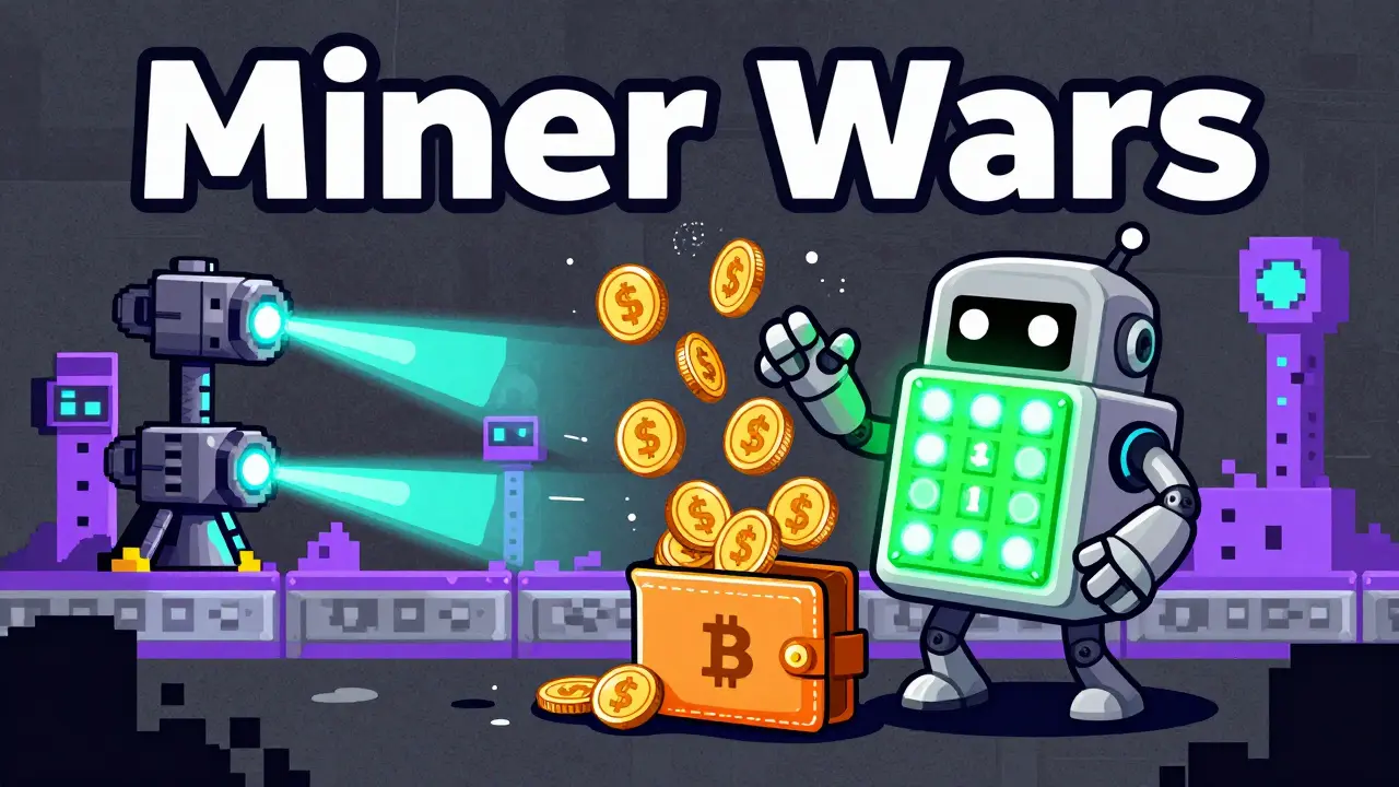 Cartoon miner robot activating a bonus miner, with $GOMINING tokens raining into a wallet in a retro gaming interface.