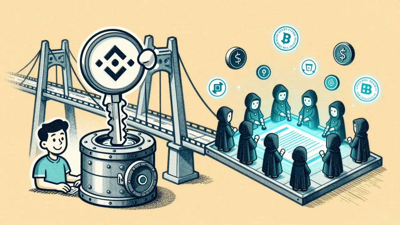 Centralized vs decentralized bridge comparison with validator figures and audit seals in vintage print style.