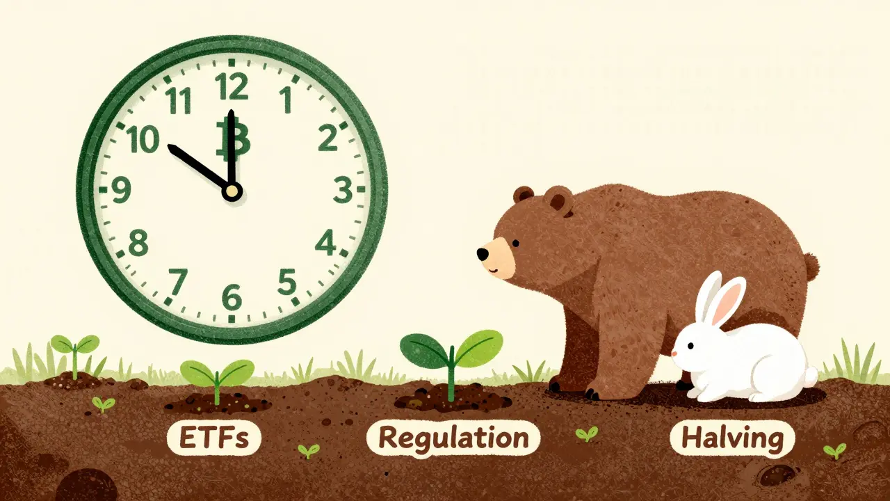 Clock turning from bear to bunny as investors plant trust-growth seedlings in risograph textured art.