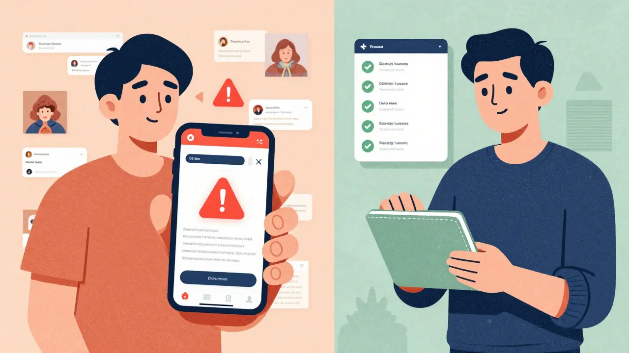 Contrasting scam vs legitimate airdrop actions in textured cartoon illustration