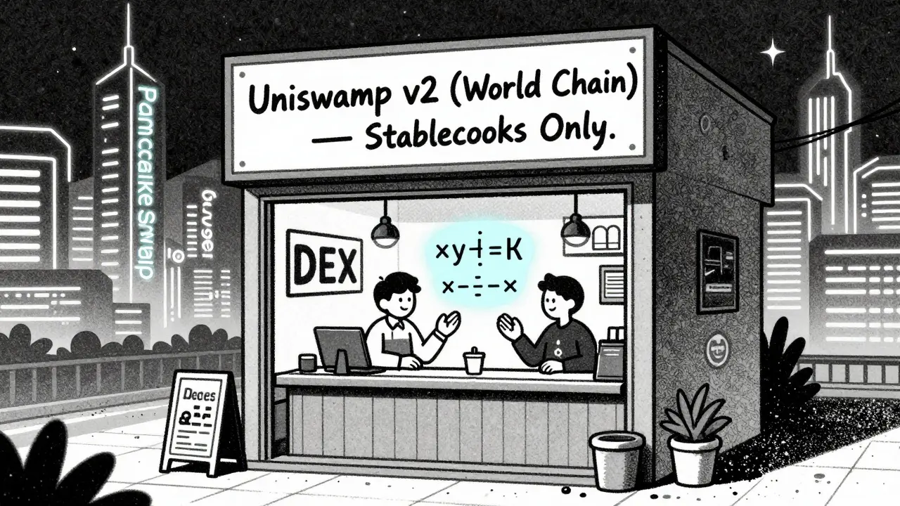 Cozy DEX shop with stablecoin traders exchanging tokens, surrounded by giant rival exchanges.