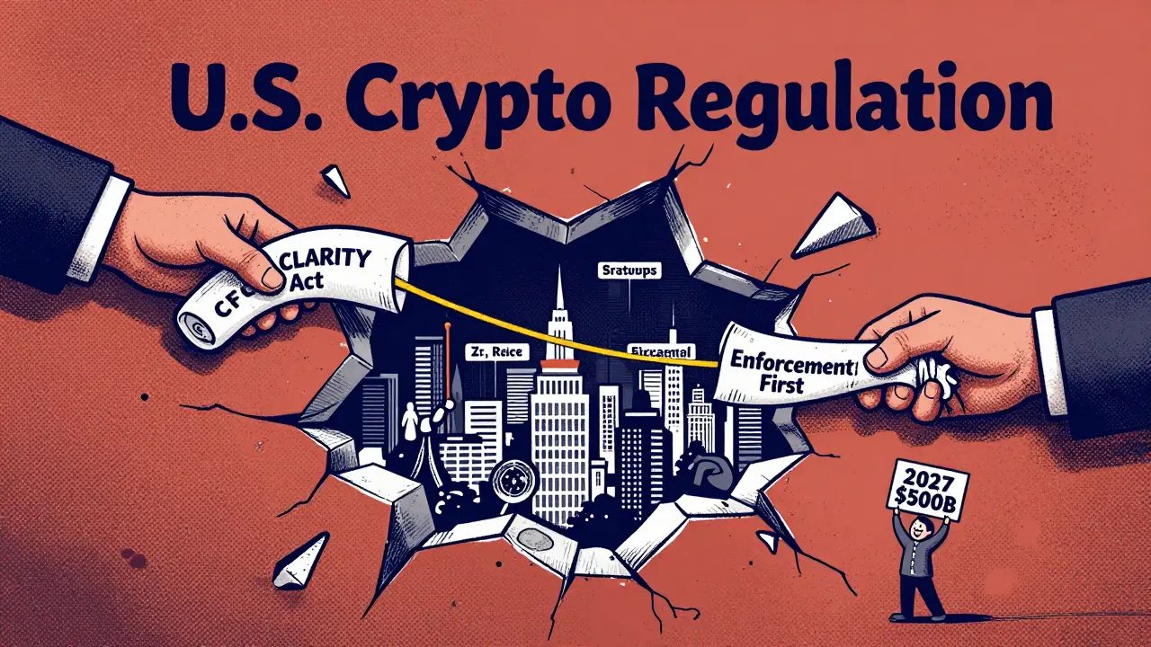 Crumbling U.S. crypto regulation wall, CFTC's CLARITY Act thread vs SEC's fraying enforcement rope, startups falling offshore.