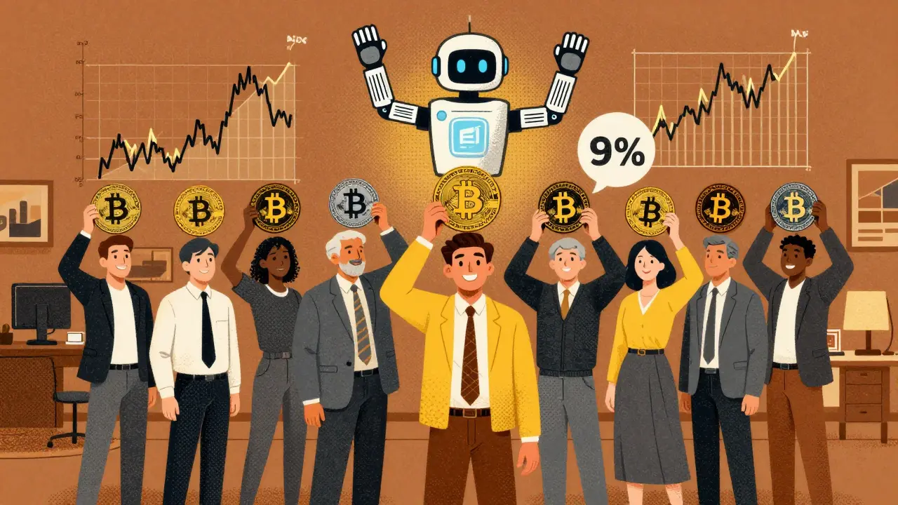 Crypto holders with AI bot managing their assets, tax savings and price graphs floating nearby