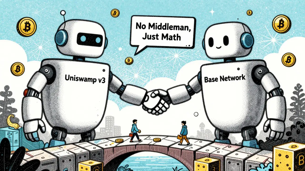 Friendly robots shaking hands over a blockchain bridge while users walk across with wallets.