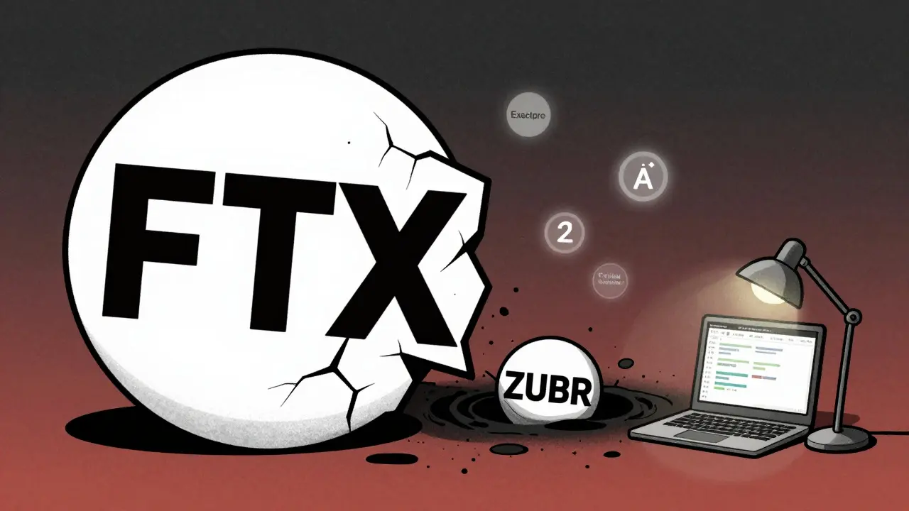 FTX logo consuming ZUBR as verification badges drift away in darkness, with one dashboard still glowing.
