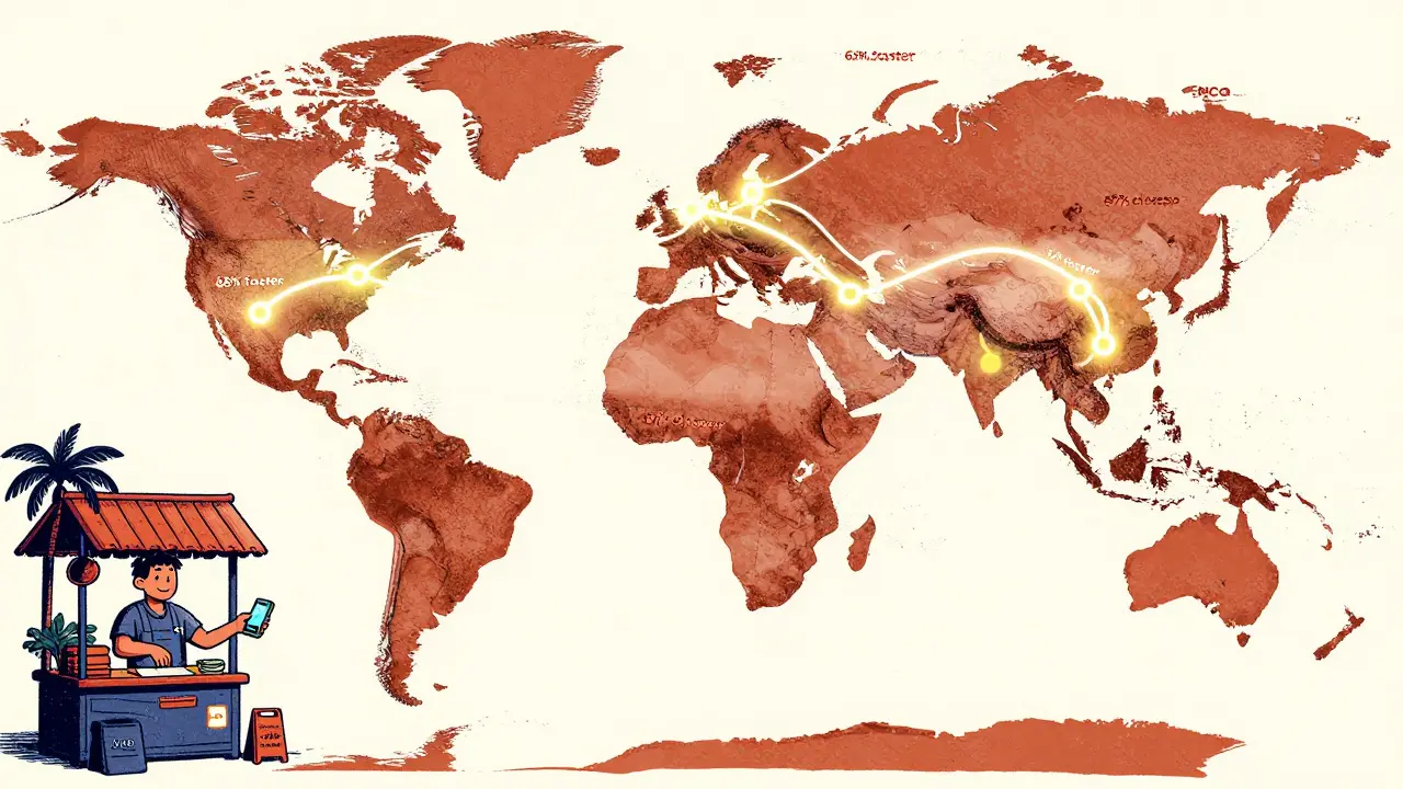 Global Litecoin payment routes glow brightly across Latin America and Southeast Asia, showing faster, cheaper cross-border transfers compared to Bitcoin.