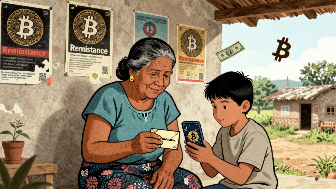 Grandmother holds cash remittance while grandson shows her a Bitcoin app on a cracked phone.
