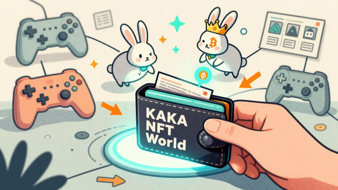 Hand placing a wallet into a portal, transforming game controllers into rabbit NFTs in a surreal digital world.