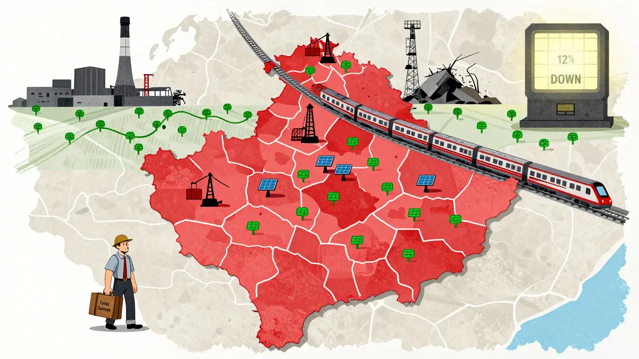 Map of Kosovo showing mining hotspots and spreading solar energy, a developer leaving as the grid recovers.