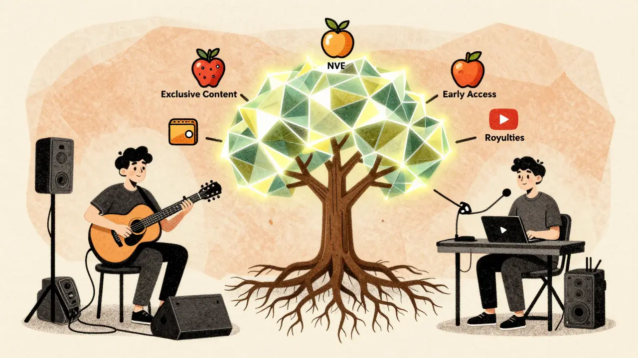Musician performing on YouTube while a blockchain tree grows behind, bearing NFT fruits and rooted in a digital wallet.