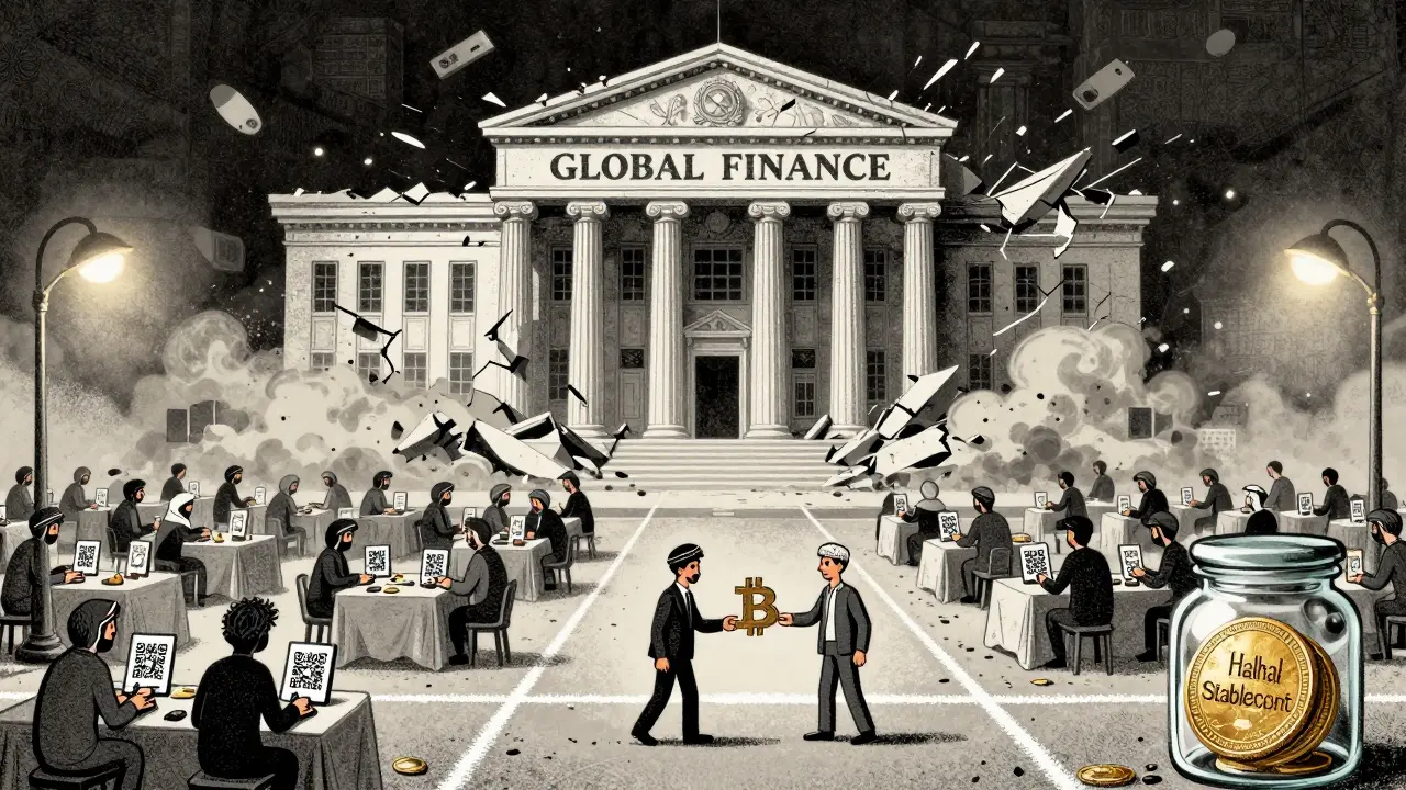 People conduct peer-to-peer crypto trades as a global bank collapses, with a trapped stablecoin nearby.