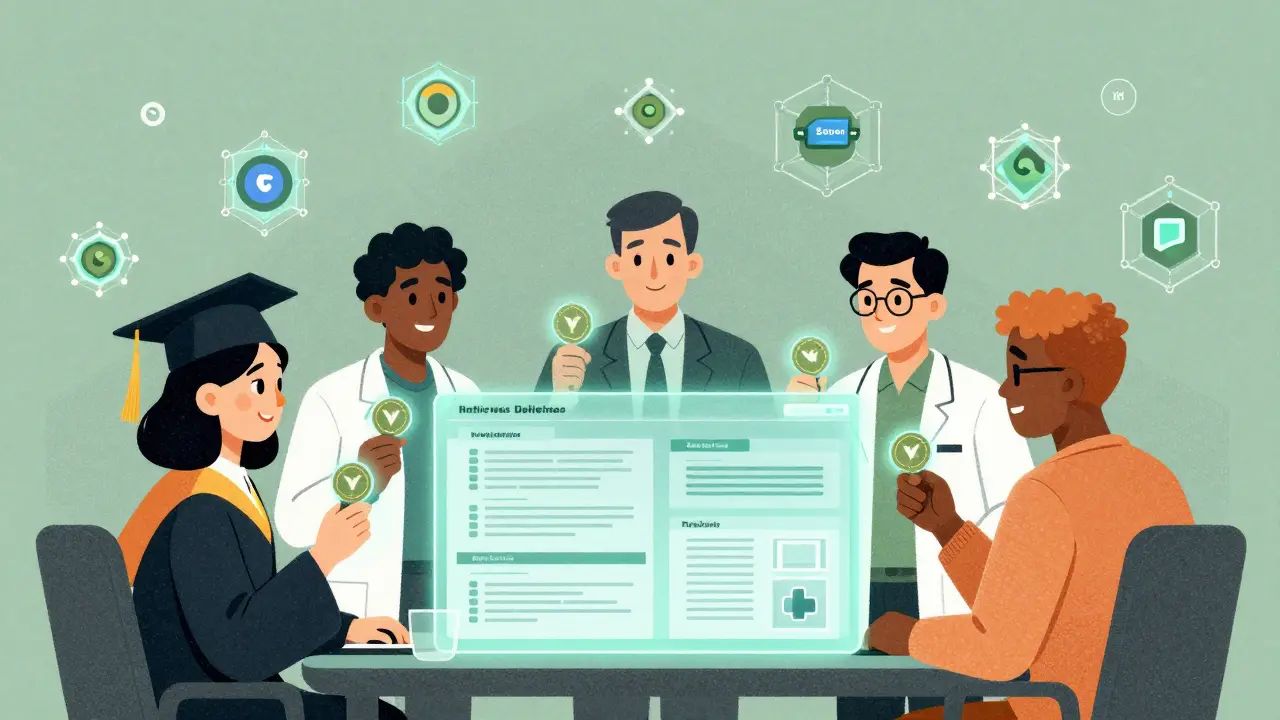 Researchers vote on paper audits using YNE tokens at a holographic dashboard with blockchain nodes in the background.