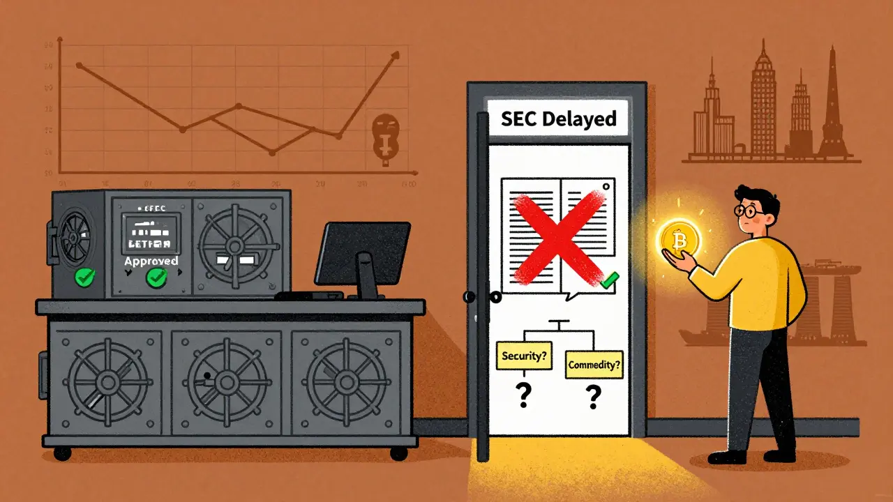 Split desk: CFTC-approved ETFs on one side, SEC-blocked ones on the other, with a confused developer and fading market graphs.
