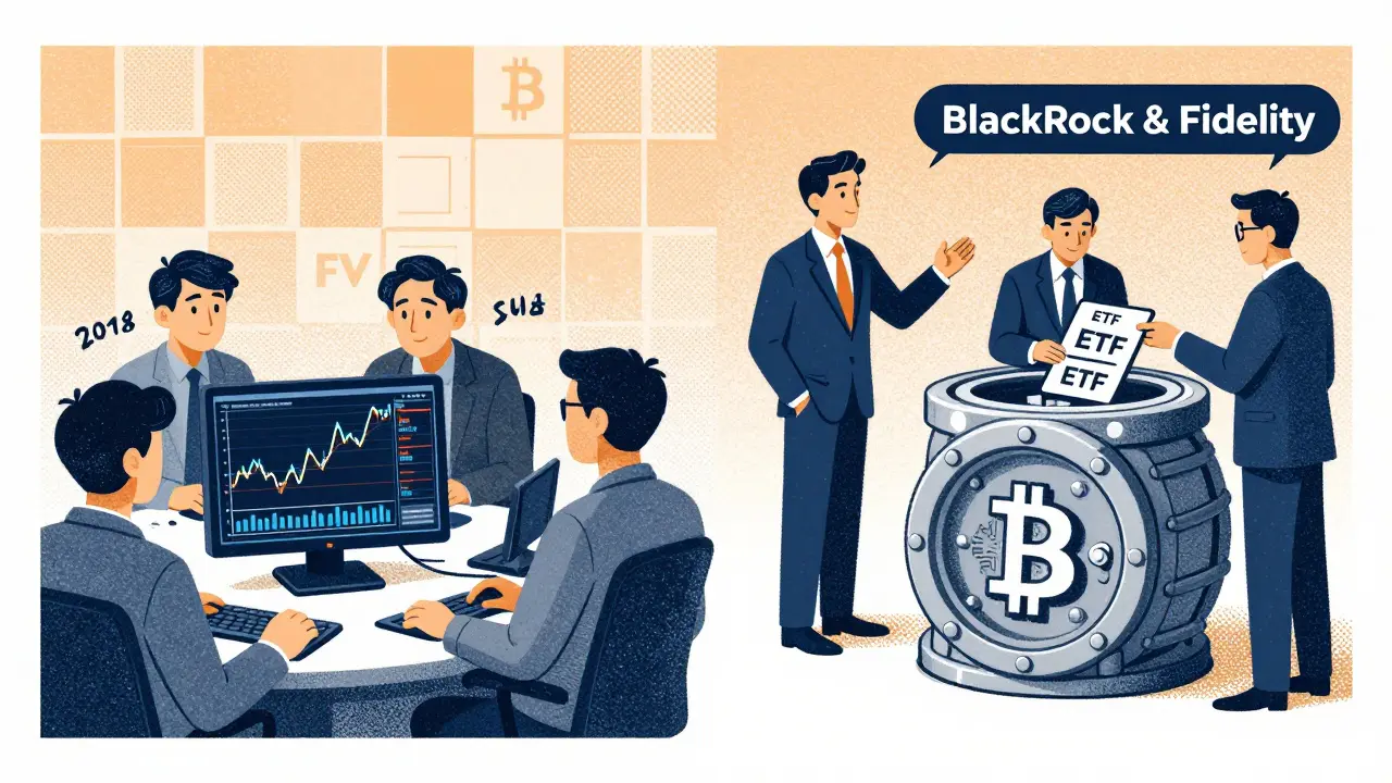 Split scene: 2018 crypto panic vs. modern institutional Bitcoin ETF accumulation in risograph print style.