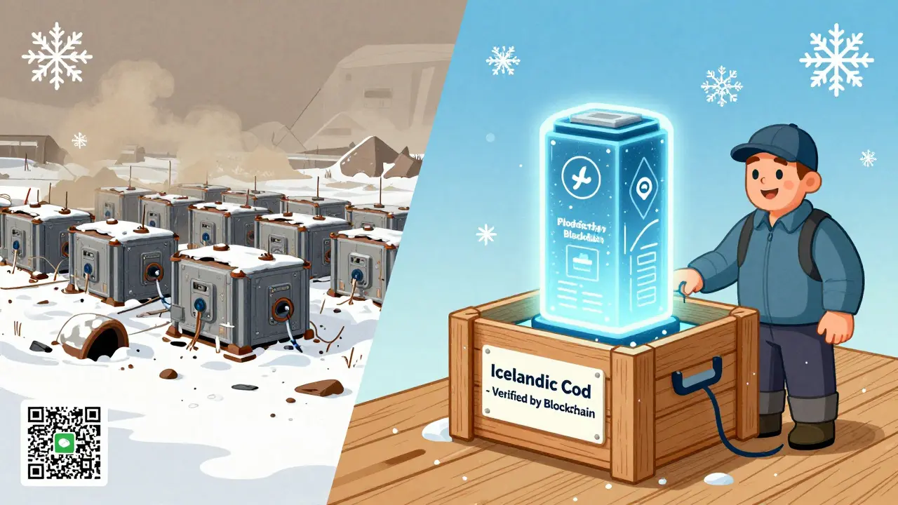 Split scene: abandoned mining gear vs. a blockchain-enabled fish crate with a smiling fisherman.