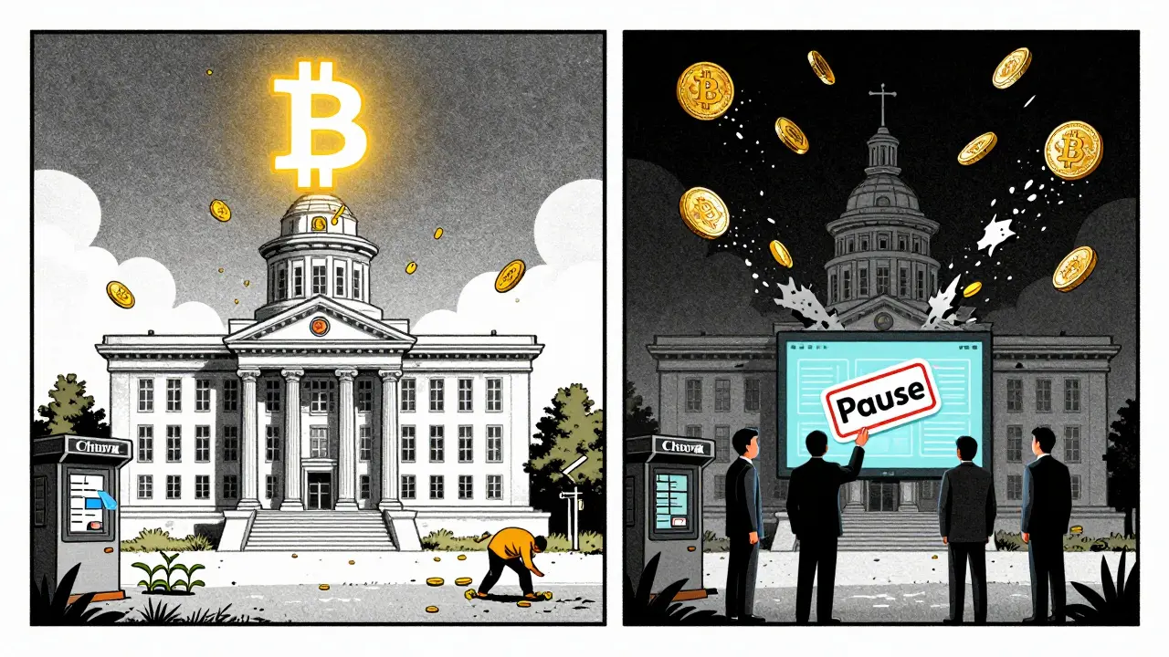 Split scene: Bitcoin promise crumbling into dust as IMF officials sticker a digital wallet.