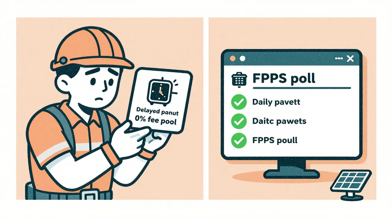 Split scene: nervous miner with delayed payout vs calm miner with daily BTC earnings, risograph style.