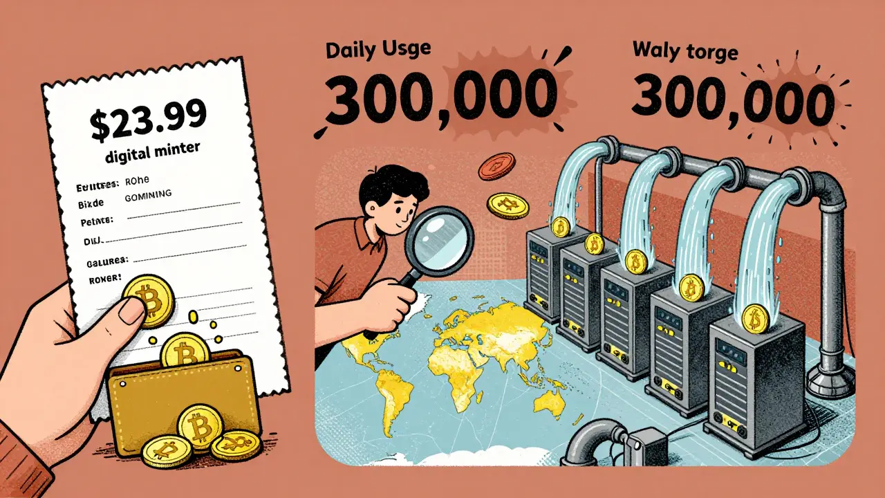 Split scene showing digital miner purchase and $GOMINING tokens powering global mining infrastructure with daily usage stats.