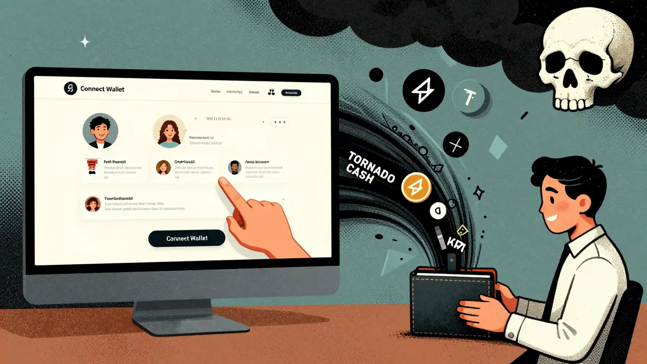 Split scene: user connecting wallet on fake site while their crypto drains into a black vortex.